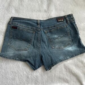 y2k vintage mudd low rise denim shorts with a cute button detail